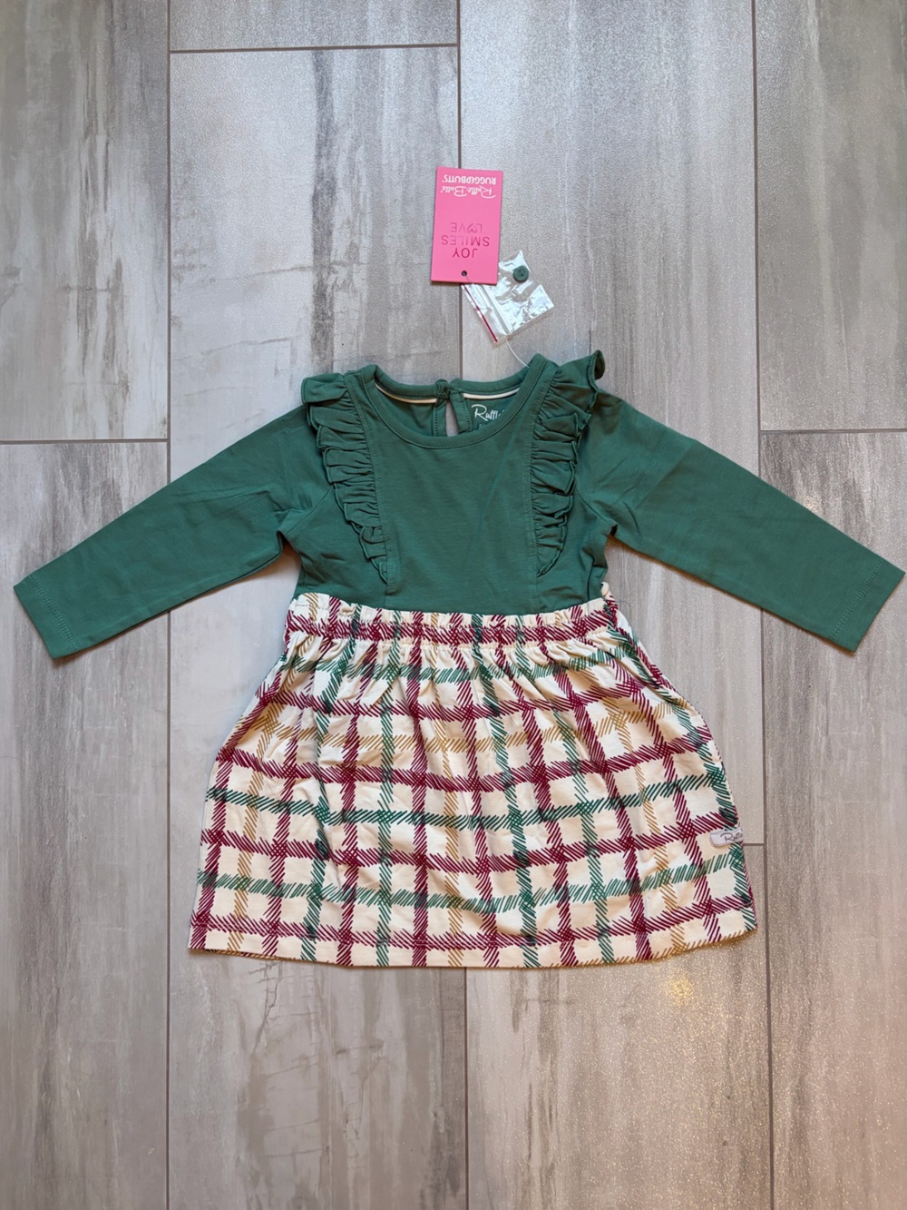 NWT RuffleButts Festive Spruce & Tinsel Checked Plaid Ruffle Dress girls 18-24M